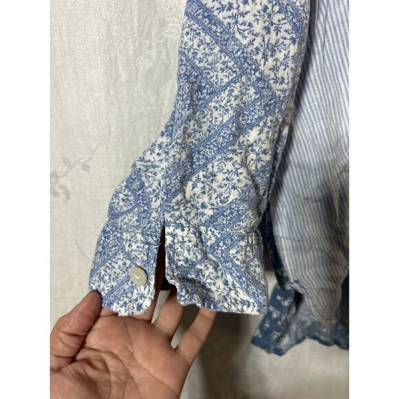 American Eagle Button Up Large Denim Look Floral Patchwork Cotton Linen - Picture 2 of 10